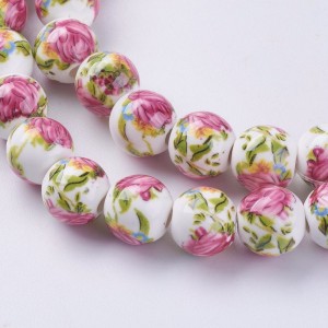 10pc Handmade Flower Pattern Porcelain Clay Beads, 10mm, Hole: 3mm
