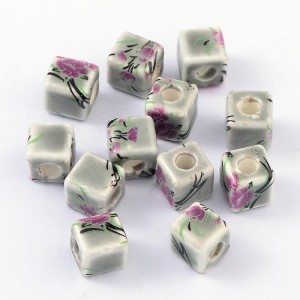 10pc Handmade Flower Pattern Porcelain Clay Cube Beads, 10x10mm, Hole: 4mm