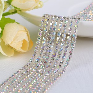 SS6 Silver Metal Chain with AB Crystal Glass Stone -1 Yd