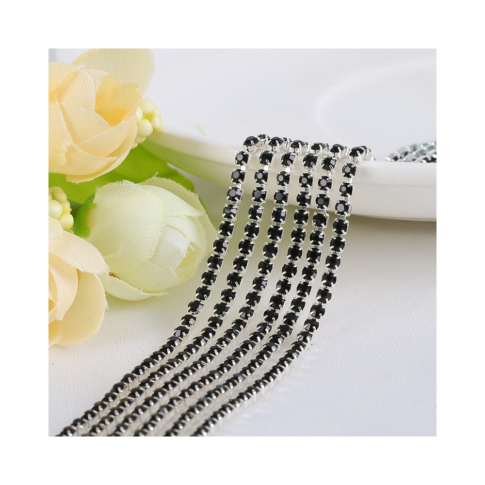 SS6 Silver Metal Chain with Jet Black Glass Stone -1 Yd