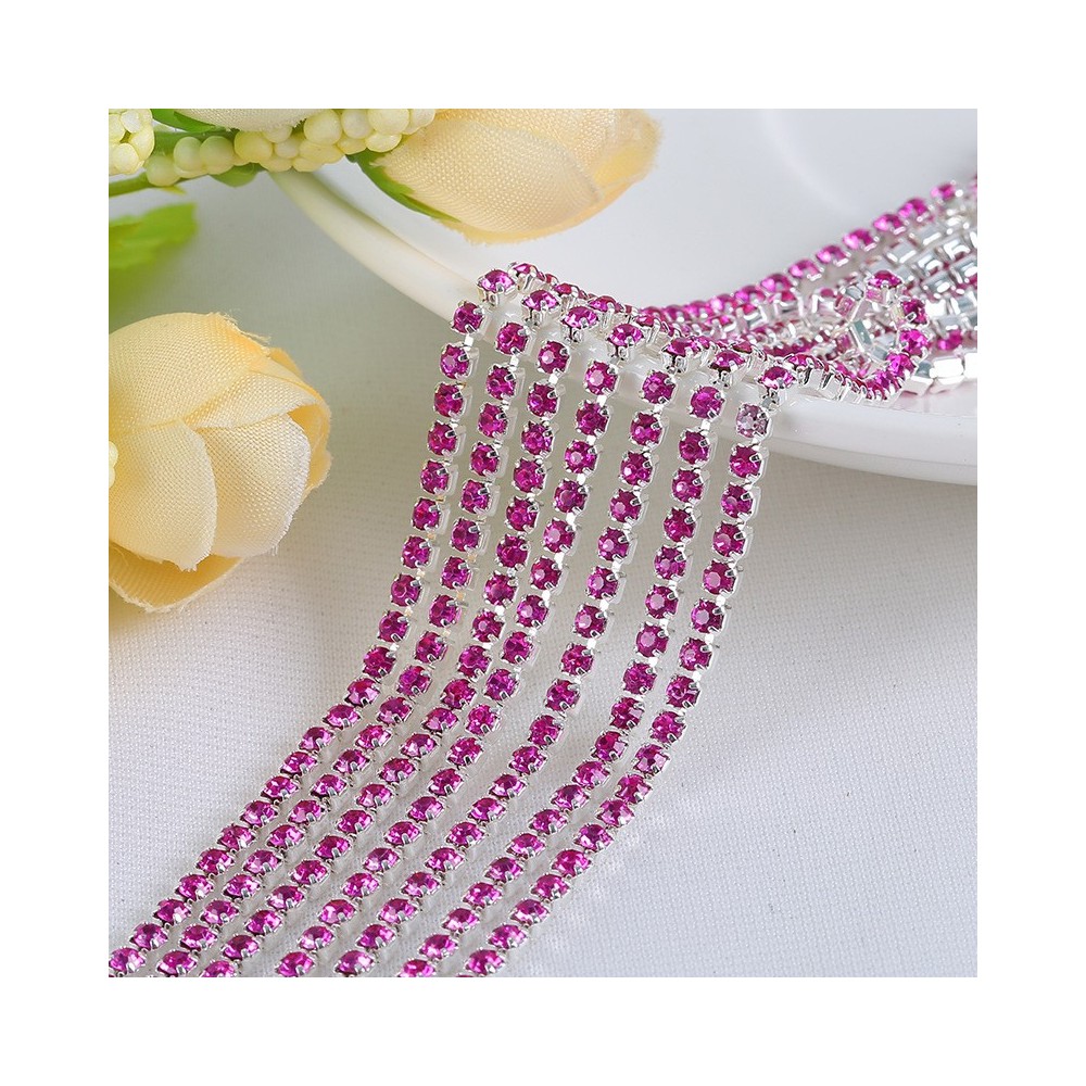 SS6 Silver Metal Chain with Fuchsia Glass Stone -1 Yd