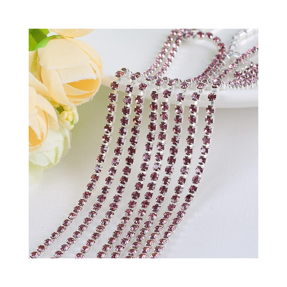 SS6 Silver Metal Chain with Lt. Purple Glass Stone -1 Yd