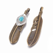 Western Style Feather Pendant with Turquoise - Bronze 65x15mm