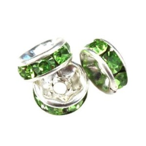 20pc Rhinstone Glass Spacer Beads Silver with Green 10x4mm