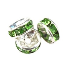 10mm Rhinstone Glass Spacer Beads, Silver Brass with Green Glass, 10pcs
