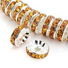 10mm Rhinstone Glass Spacer Beads, Silver Brass with Lt. Topaz Glass, 10pcs
