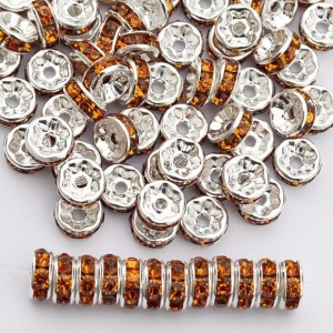 10pc Rhinstone Glass Spacer Beads Silver with Amber 10x4mm