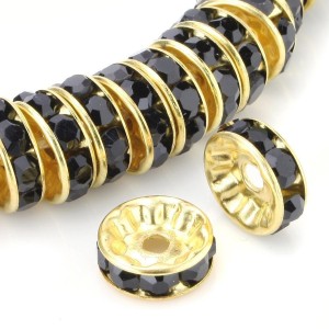 10pc Rhinstone Glass Spacer Beads Gold with Black 10x4mm