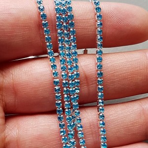 SS6  Silver Plated Metal Chain Aqua Blue Glass Stone -1 Yd