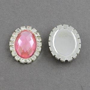 2pc Grab Bin - Acrylic Cabochons, with Grade A Rhinestone and Brass Cabochon Settings, Pink, 25x20mm