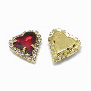 2pc  Glass Cabochons, with Grade A Rhinestone and Brass Settings, Red Heart, 18x17mm