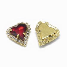 18mm Glass Cabochons, with Grade A Rhinestone and Brass Settings, Red Heart 2pcs