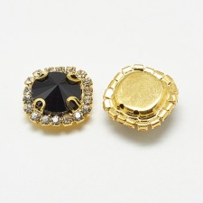 2pc  Jet Black Glass Cabochons, with Grade A Rhinestone and Brass Settings,17x17mm