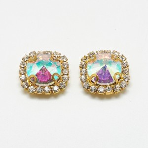 2pc  AB Crystal Glass Cabochons, with Grade A Rhinestone and Brass Settings,18x18mm