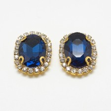 29x22mm Montana Blue Glass Cabochons, with Grade A Rhinestone and Brass Settings 2pcs