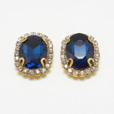 2pc  Montana Blue Glass Cabochons, with Grade A Rhinestone and Brass Settings,29x22mm