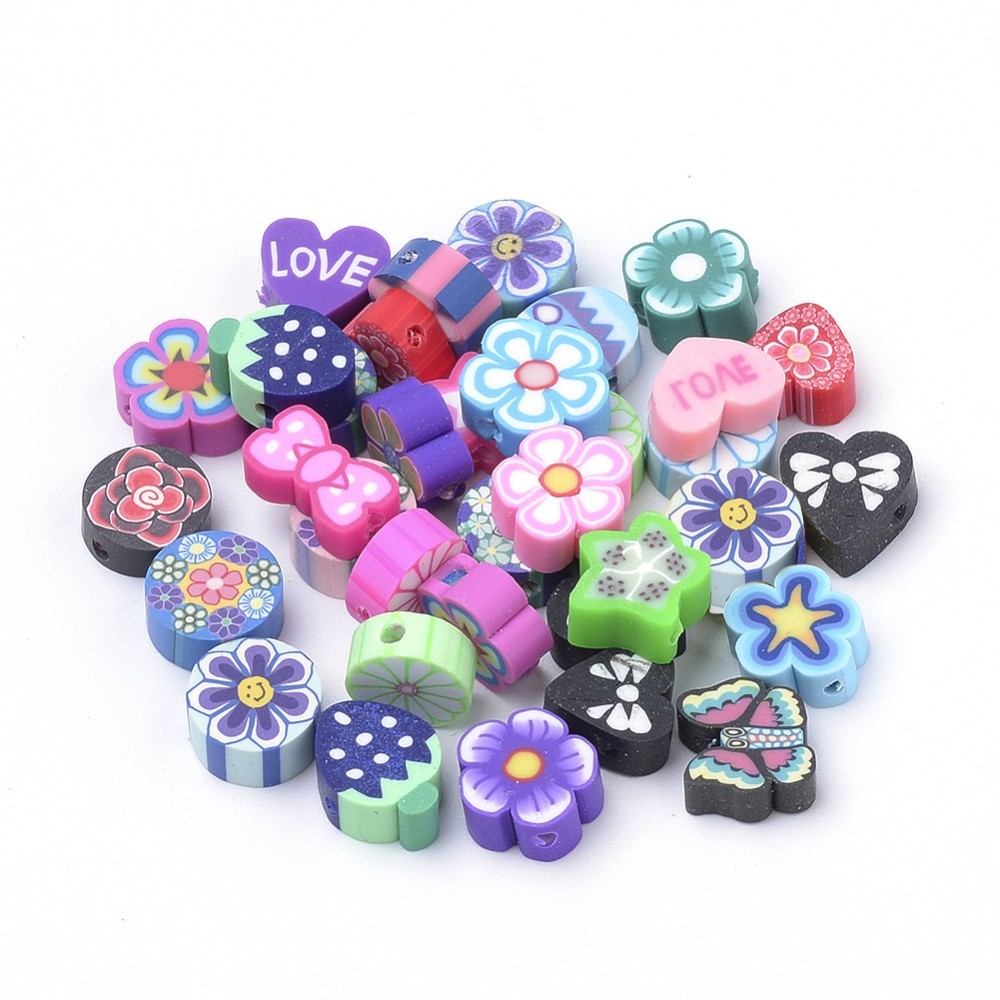 Polymer Clay Beads Lot / Assorted Flower Beads Mix (12mm / Round