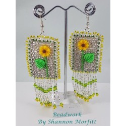 Beadwork By Shannon - Sunflower Fringe Trapezoid Seed Beaded Earrings on Hooks