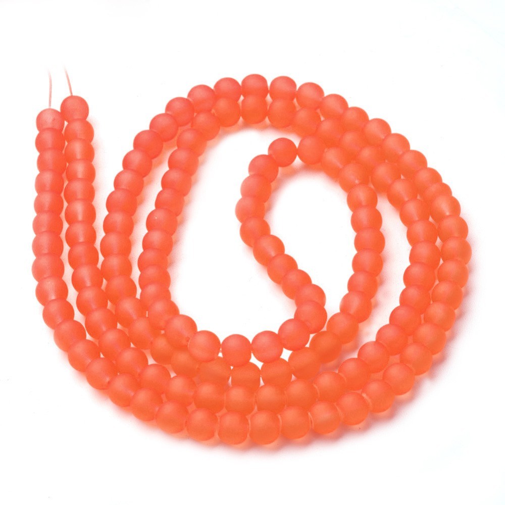 6mm Frosted Matte Transparent Glass Beads 32" Strand - Orange