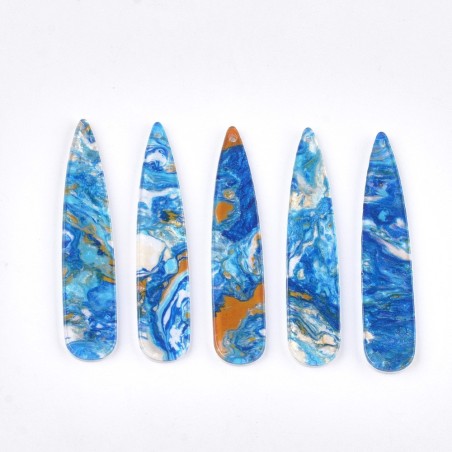 2pc  - Big Teardrop Resin Cabochon Flatback  Pendants, 55x11mm -Dodger Blue Marble
