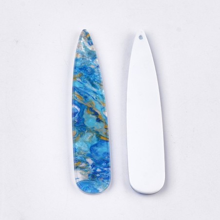 2pc  - Big Teardrop Resin Cabochon Flatback  Pendants, 55x11mm -Dodger Blue Marble