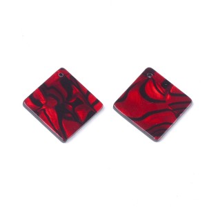 2pc  - Resin Cabochon Flatback  Pendants, 25x25mm Rhombus - Red Swirl