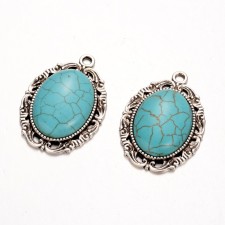 Western Style Antique Silver Pendant Turquoise 38x27mm 1pc