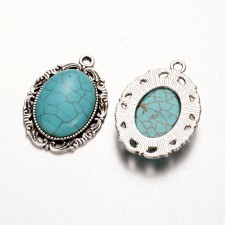Western Style 1pc Antique Silver Pendant Synthetic Turquoise 38x27mm