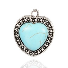 Western Style Heart Antique Silver Pendant Synthetic Turquoise 30x25mm 1pc