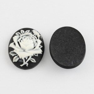 2pcs 30x23mm Oval Floral White Rose on Black Resin Gem
