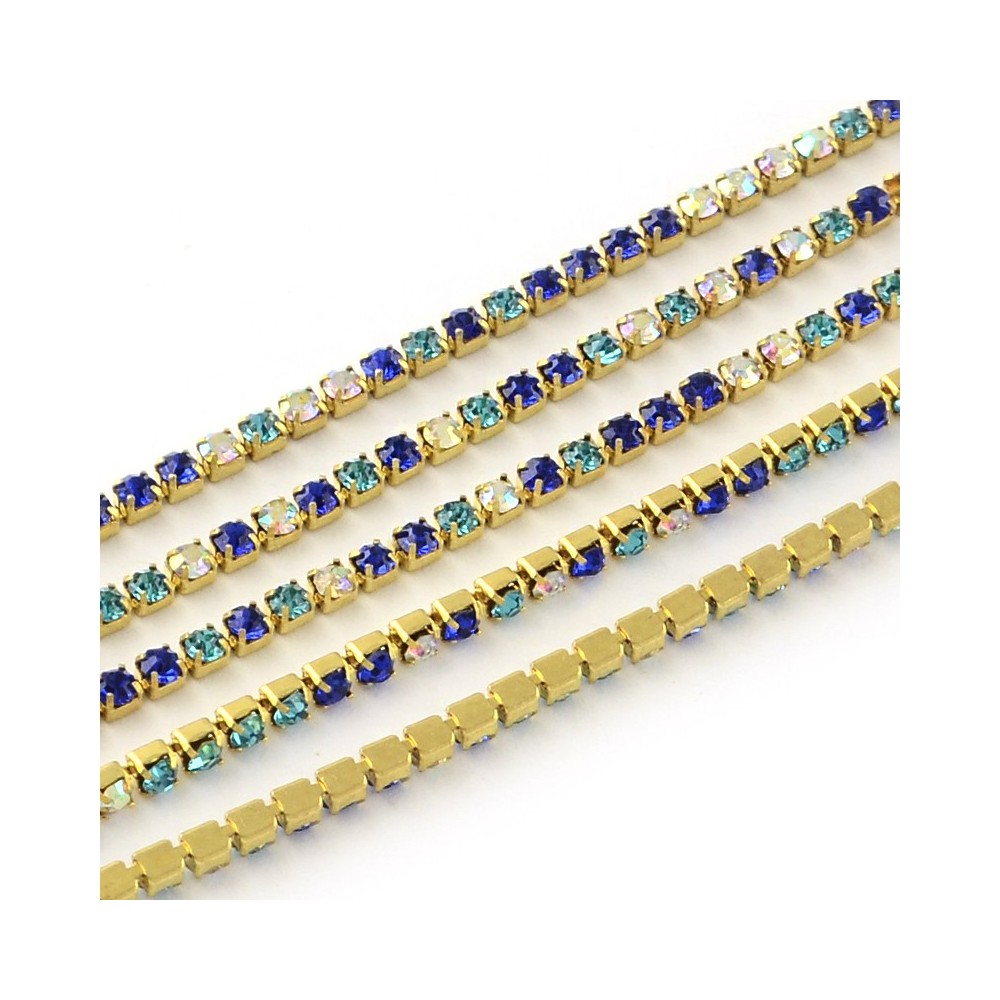SS6 Gold Metal Chain with Multi Blue Mix Glass Stone - 1 Yd