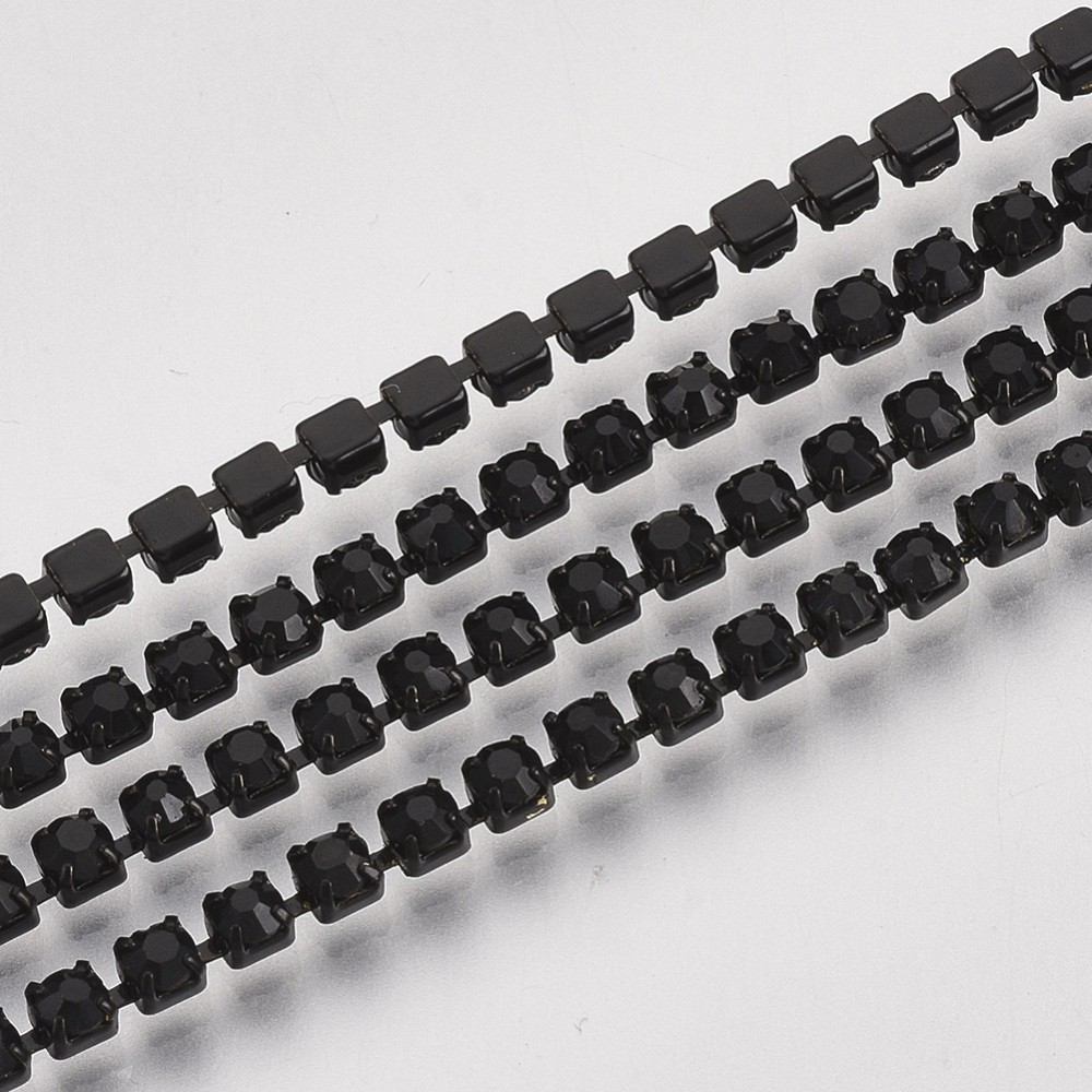 SS6 Colour Plated Metal Chain with Jet Black Glass Stone - 1 Yd