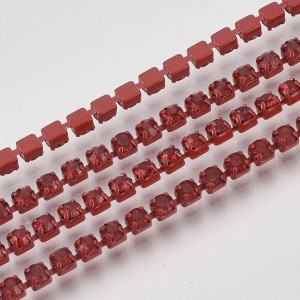 SS6 Colour Plated Metal Chain with Red Glass Stone - 1 Yd