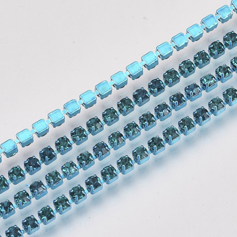SS6 Colour Plated Metal Chain with Blue Zircon Glass Stone - 1 Yd