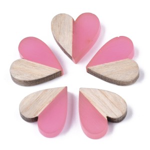 2pc Resin and Wood Heart Cabochon No Hole 15x14x3mm - Flamingo Pink