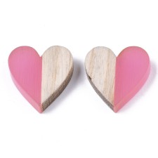 2pc Resin and Wood Heart Cabochon No Hole 15x14x3mm - Flamingo Pink