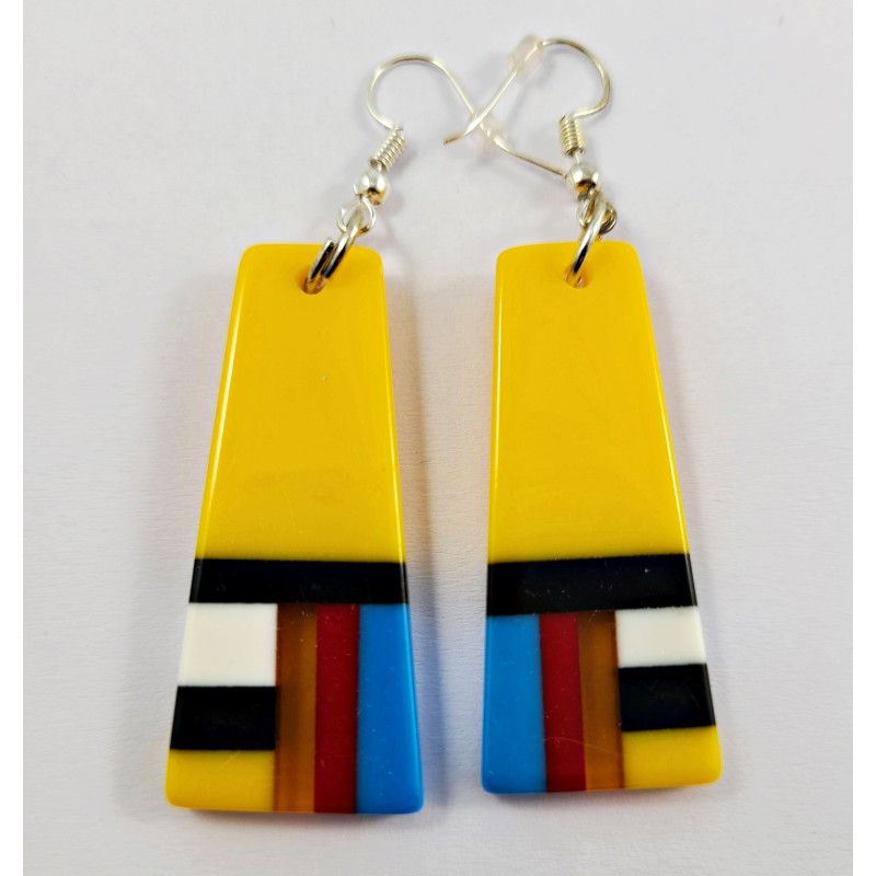 Resin Inlay Earring Pair Segmented Handmade Yellow Resin Inlay Earring Pair Segmented Handmade Yellow