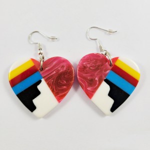 Resin Inlay Earring Pair Segmented Handmade Peach Orange Hearts