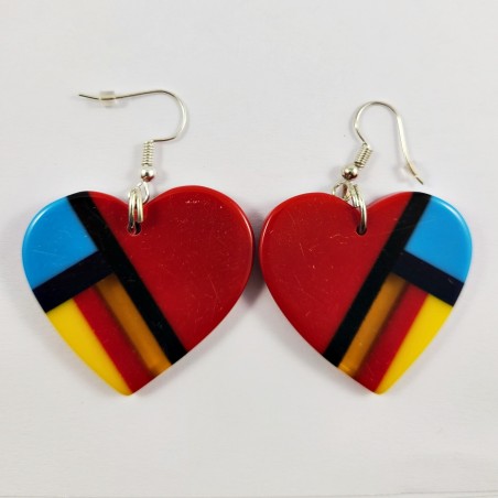 Native Slab Earring Pair Inlay Handmade Red Hearts