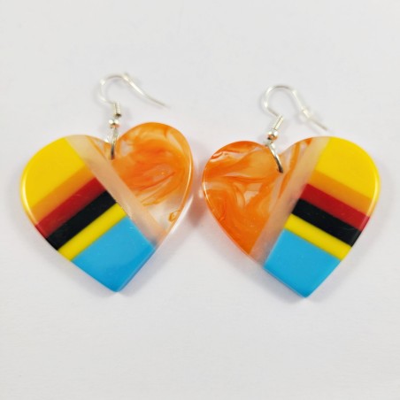 Native Slab Earring Pair Inlay Handmade Orange Hearts