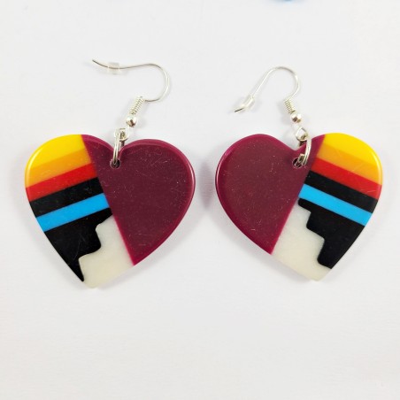 Native Slab Earring Pair Inlay Handmade Purple Wine Hearts