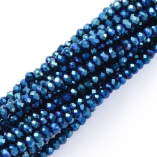 Electroplate Glass Beads Strands, Full Plated, Faceted, Rondelle, Blue Plated 14" Strand 2x1.5mm
