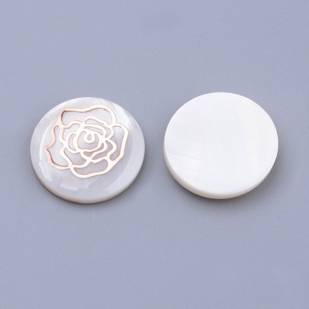 Freshwater Shell Cabochons 16mm With Flower, Rose Gold 6pcs