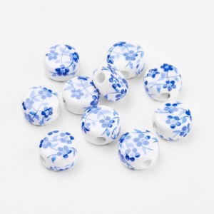 10pc Handmade Flower Pattern Porcelain Clay Beads, 12x7mm, Hole: 3mm