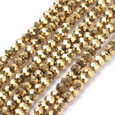 3x2mm Elecrtoplated Crystal Faceted Round Beads - Metallic Gold 18" Strand