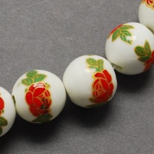 10pc Handmade Painted Red Rose Flower Pattern Porcelain Clay Beads, 10mm, Hole: 3mm