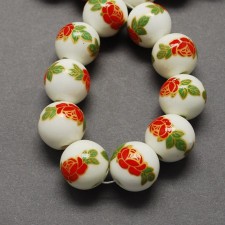 10pc Handmade Painted Red Rose Flower Pattern Porcelain Clay Beads, 10mm, Hole: 3mm