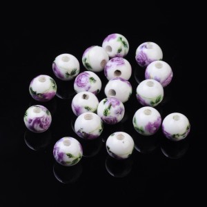 10pc Handmade Painted Purple Rose Flower Pattern Porcelain Clay Beads, 10mm, Hole: 3mm
