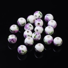 10mm Hand Painted Purple Rose Flower Pattern Porcelain Clay Beads 10pcs