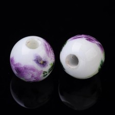 10pc Handmade Painted Purple Rose Flower Pattern Porcelain Clay Beads, 10mm, Hole: 3mm